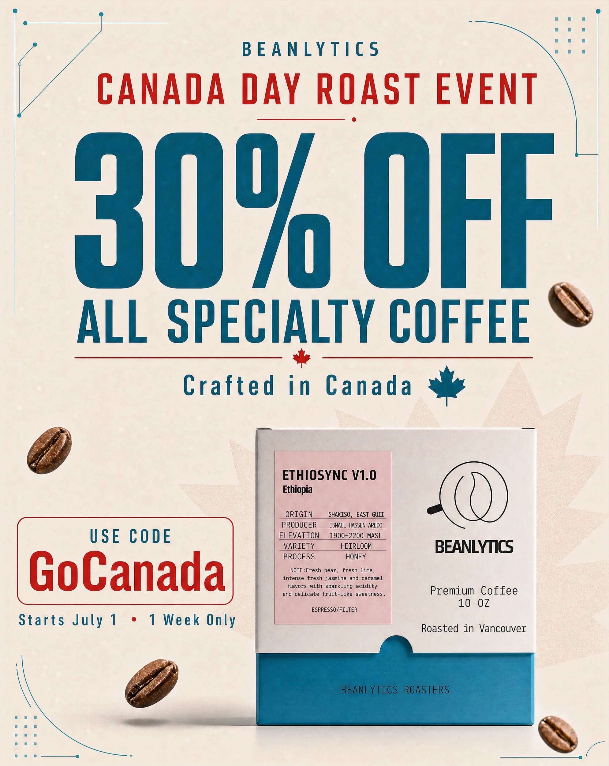 Beanlytics Canada Day Roast Event — 30% off all specialty coffee with code GoCanada. Starts July 1, one week only.