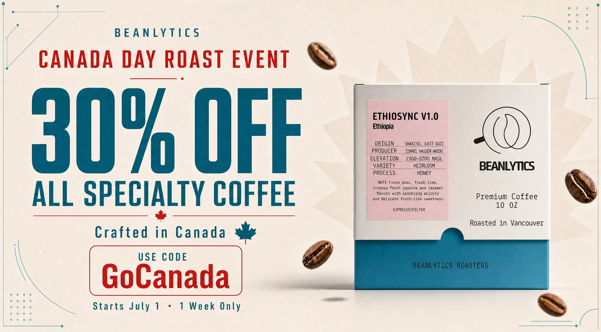 Beanlytics Canada Day Roast Event — 30% off all specialty coffee with code GoCanada. Starts July 1, one week only.