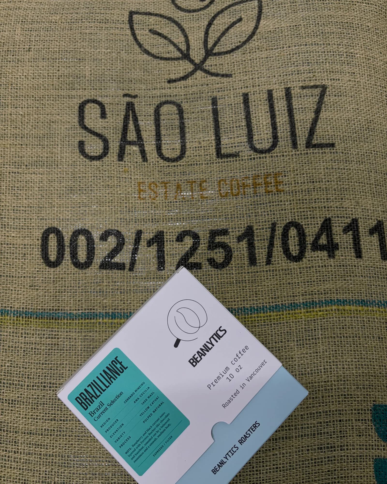 Beanlytics Brazilliance coffee box on São Luiz Brazil green coffee sack
