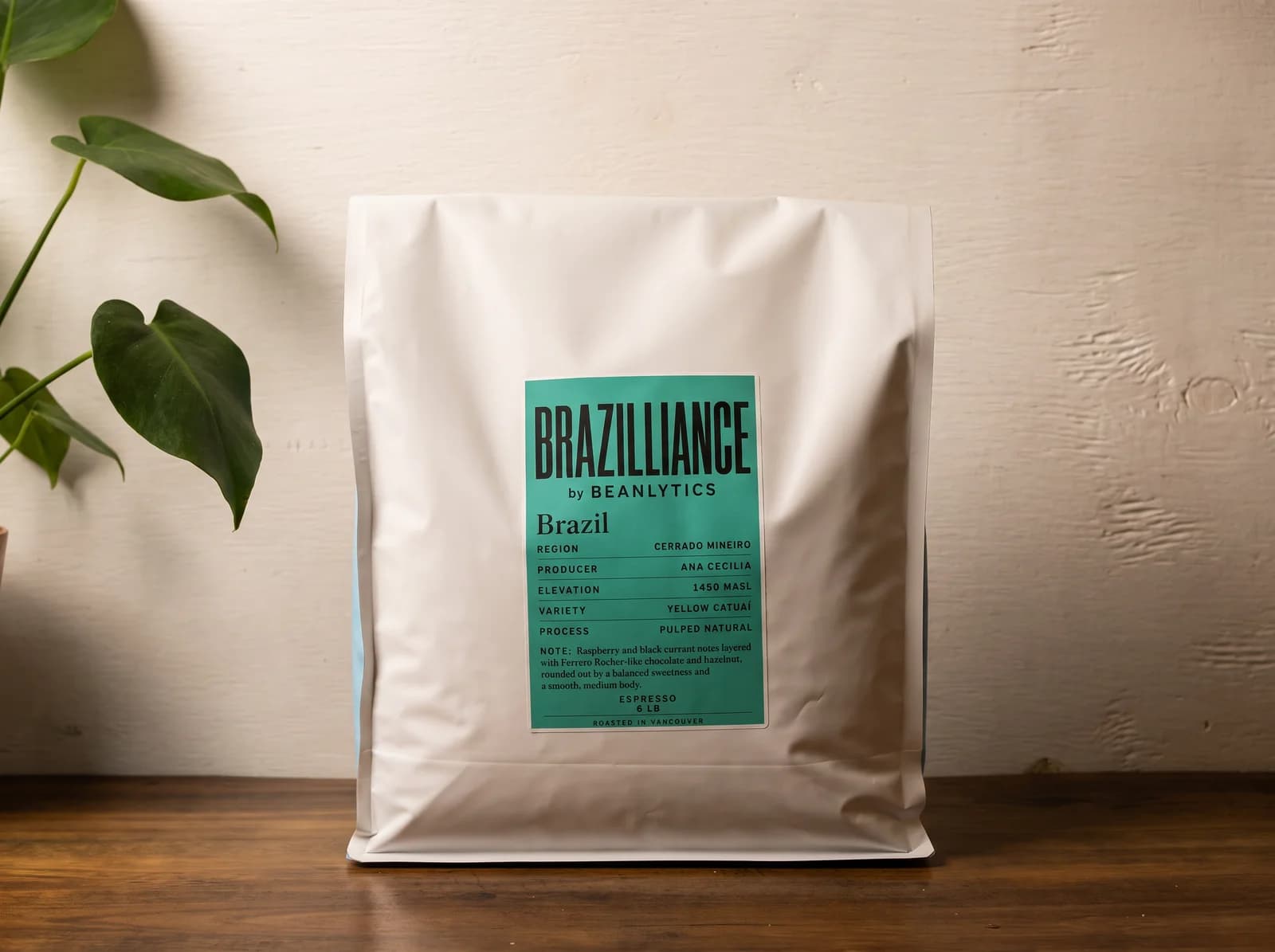 Beanlytics Brazilliance Brazil specialty coffee bag on a wooden table