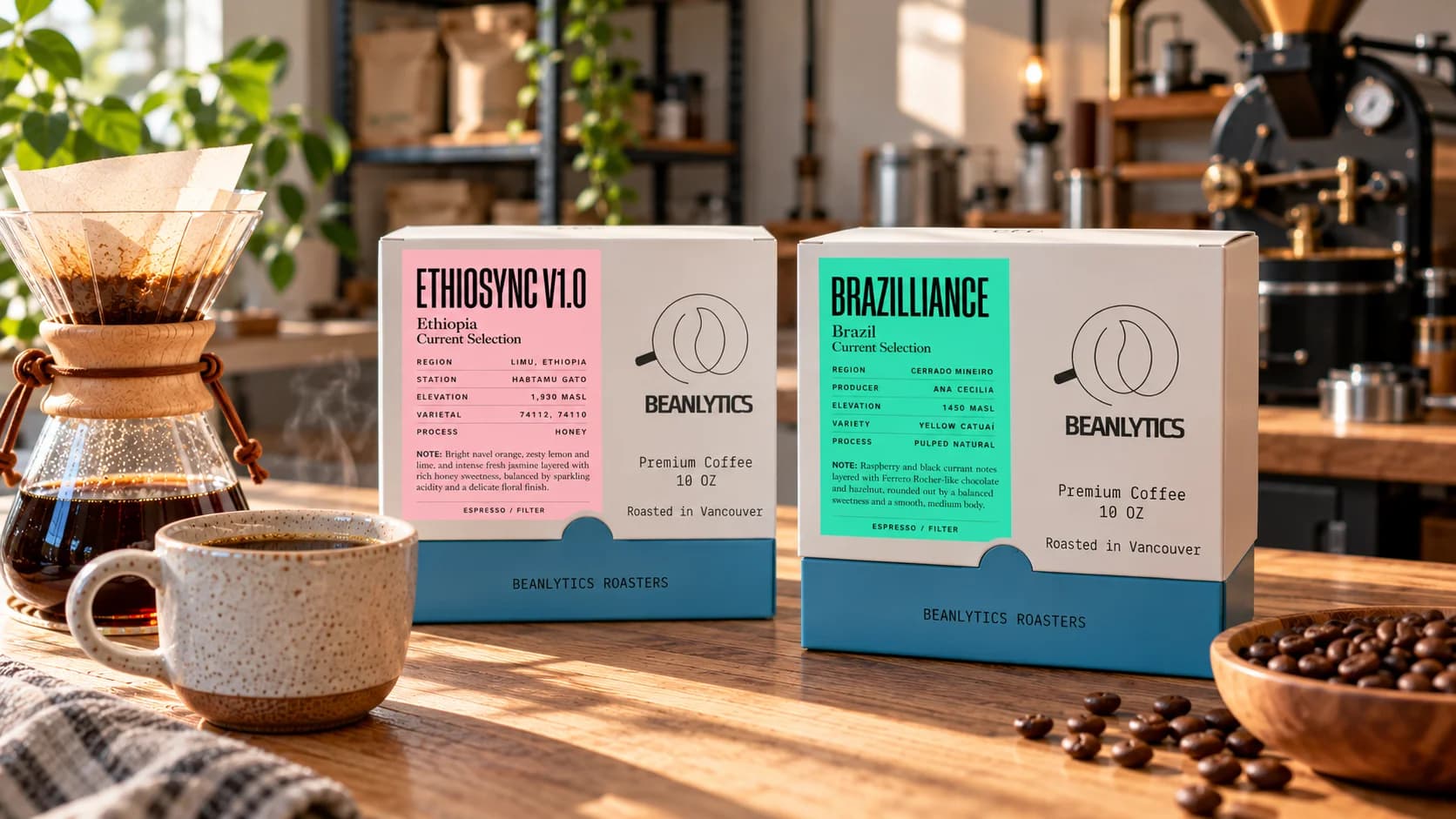 Two Beanlytics coffee boxes on a sunlit wooden counter: Ethiosync V1.0, a honey-process coffee from the Habtamu Gato station in Limu, Ethiopia, and Brazilliance, a pulped natural Yellow Catuai from Cerrado Mineiro, Brazil, beside a pour-over brewer, a cup of coffee and a bowl of roasted beans, with a small drum roaster behind.