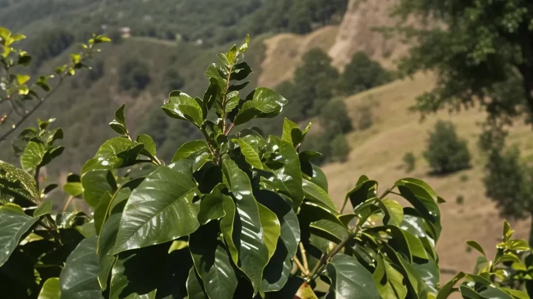 Coffee leaves at Finca Luna with the hills of Citalá, Chalatenango, El Salvador behind