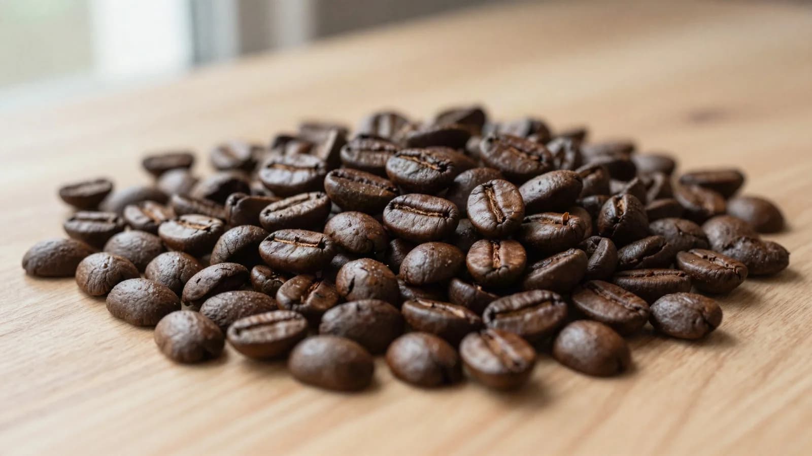 Roasted whole coffee beans in a pile on a light wooden table