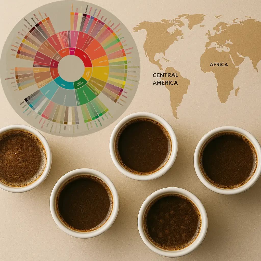 A coffee cupping table setup featuring several tasting glasses, origin maps, and colorful flavor wheels, highlighting the sensory evaluation process in specialty coffee.