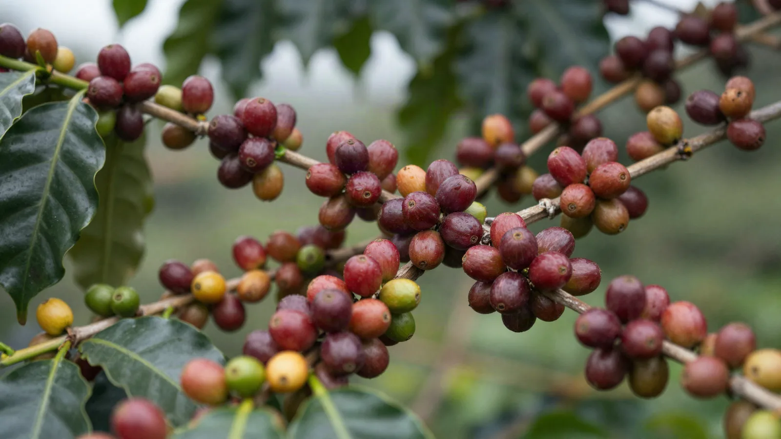 Ripe red and unripe yellow coffee cherries on a coffee branch
