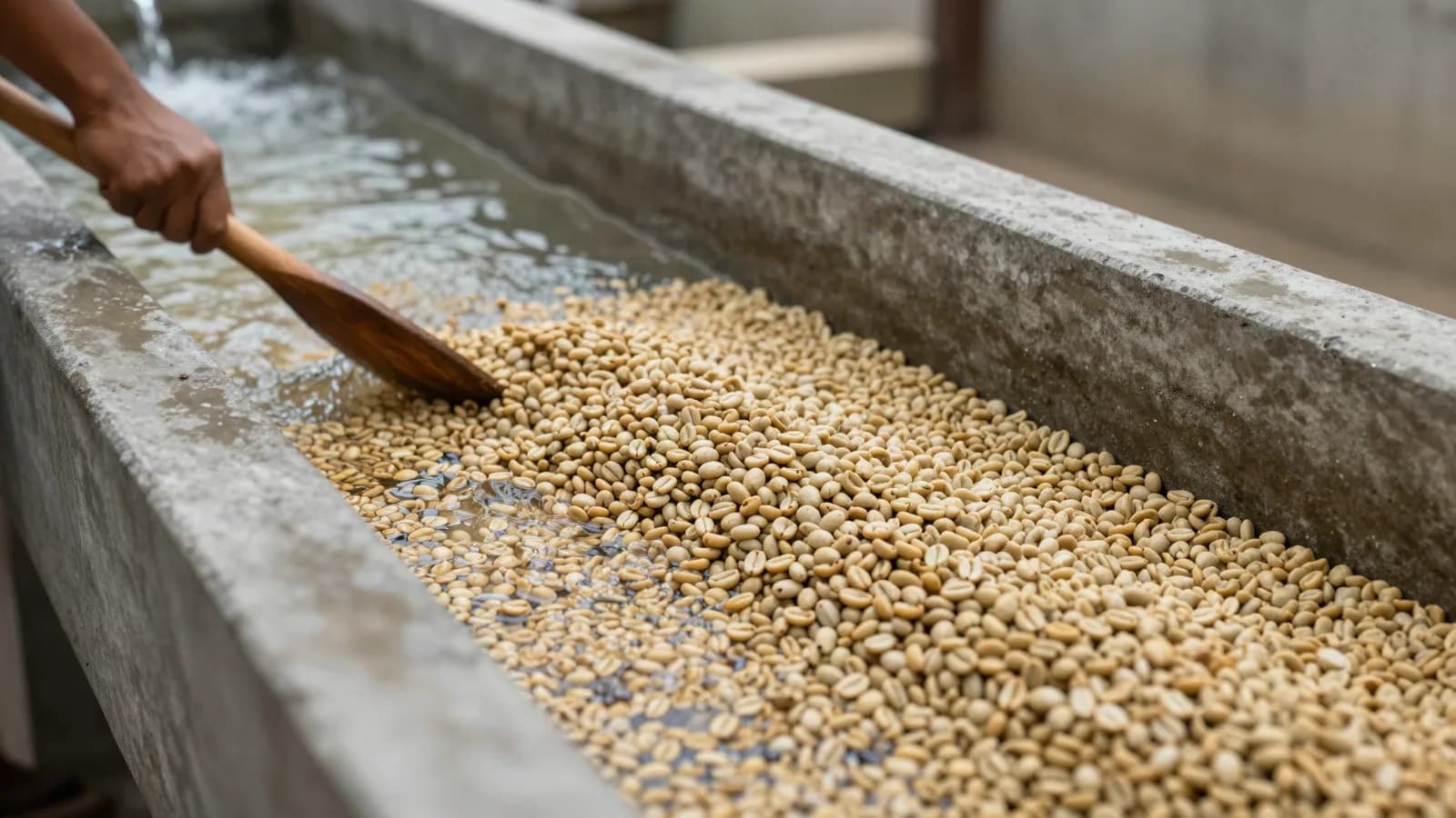 Pulped coffee in its parchment being raked through a concrete washing channel at a wet mill