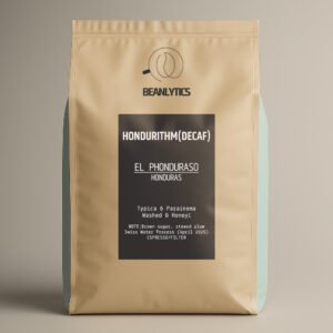 Beanlytics coffee bag labeled 'HONDURITHM (DECAF)' featuring El Phonduraso from Honduras. Includes origin details, processing methods (Washed & Honey), tasting notes of brown sugar and stewed plum, and Swiss Water Process (April 2025). Suitable for espresso or filter brewing.