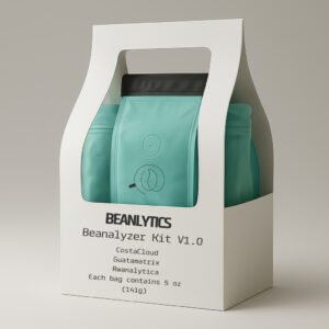 A product display of Beanalytics' "Beanalyzer Kit v1.0" featuring three teal coffee bags inside a clean, modern white box with a handle. Ask ChatGPT