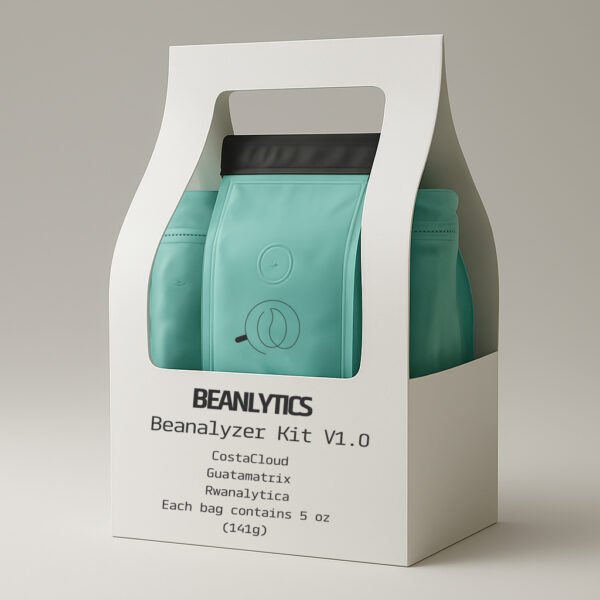 A product display of Beanalytics' "Beanalyzer Kit v1.0" featuring three teal coffee bags inside a clean, modern white box with a handle. Ask ChatGPT