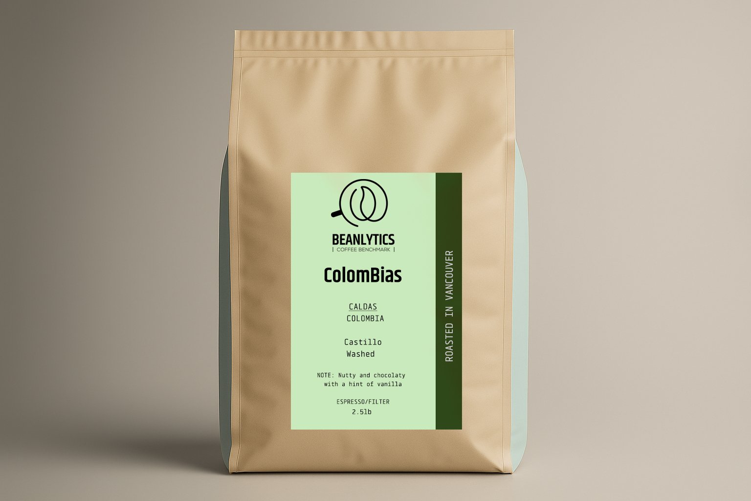 Front of the Beanlytics 'Colombia Caldas' coffee bag, featuring Castillo variety beans. The packaging describes the flavor profile as nutty and chocolaty with a hint of vanilla, suitable for espresso or filter brewing. This is a 2.5 lb wholesale bag.
