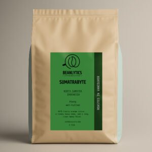 Front of the Beanlytics 'SumatraByte' coffee bag, featuring Ateng variety beans from North Sumatra, Indonesia processed using the wet-hulled method. The packaging describes tasting notes of frosty orange citrus, a creamy heavy body, and a long, clean smooth finish, suitable for espresso or filter brewing. This is a 2.5 lb bag roasted in Vancouver.