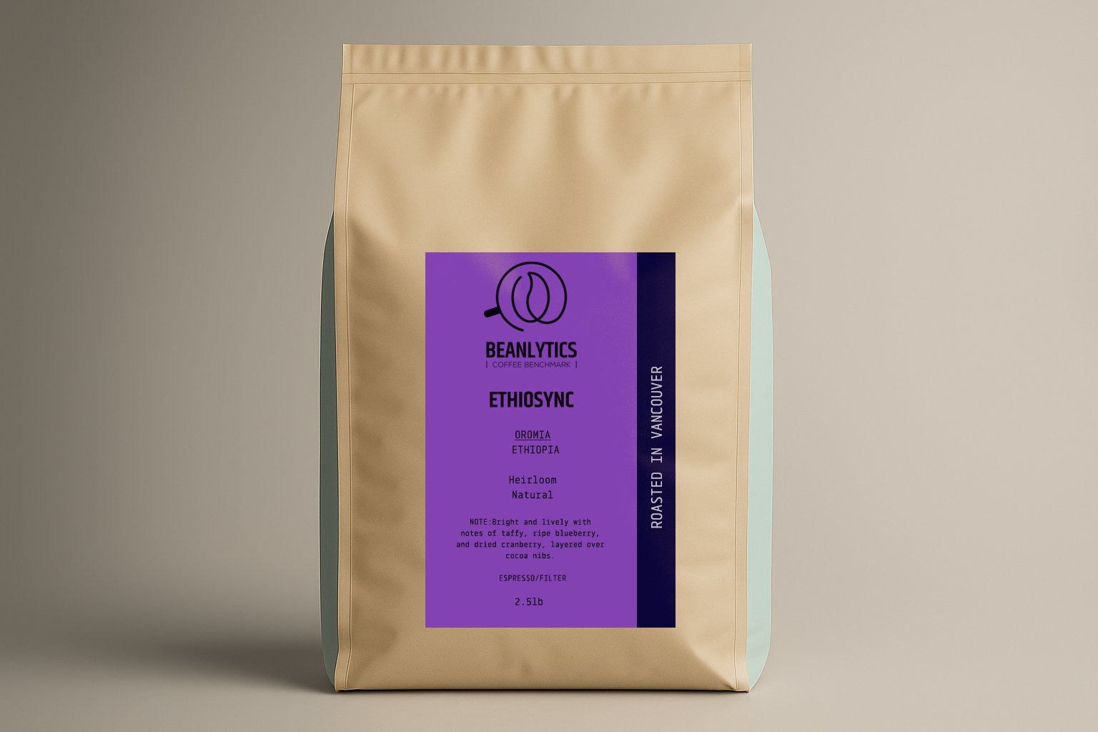 Front of the Beanlytics 'Ethiosync Obonta' coffee bag, a heirloom natural variety from Ethiopia. The packaging describes tasting notes of ripe lavender, dried cranberry, and cocoa nib, suitable for espresso or filter brewing. Roasted in Vancouver.