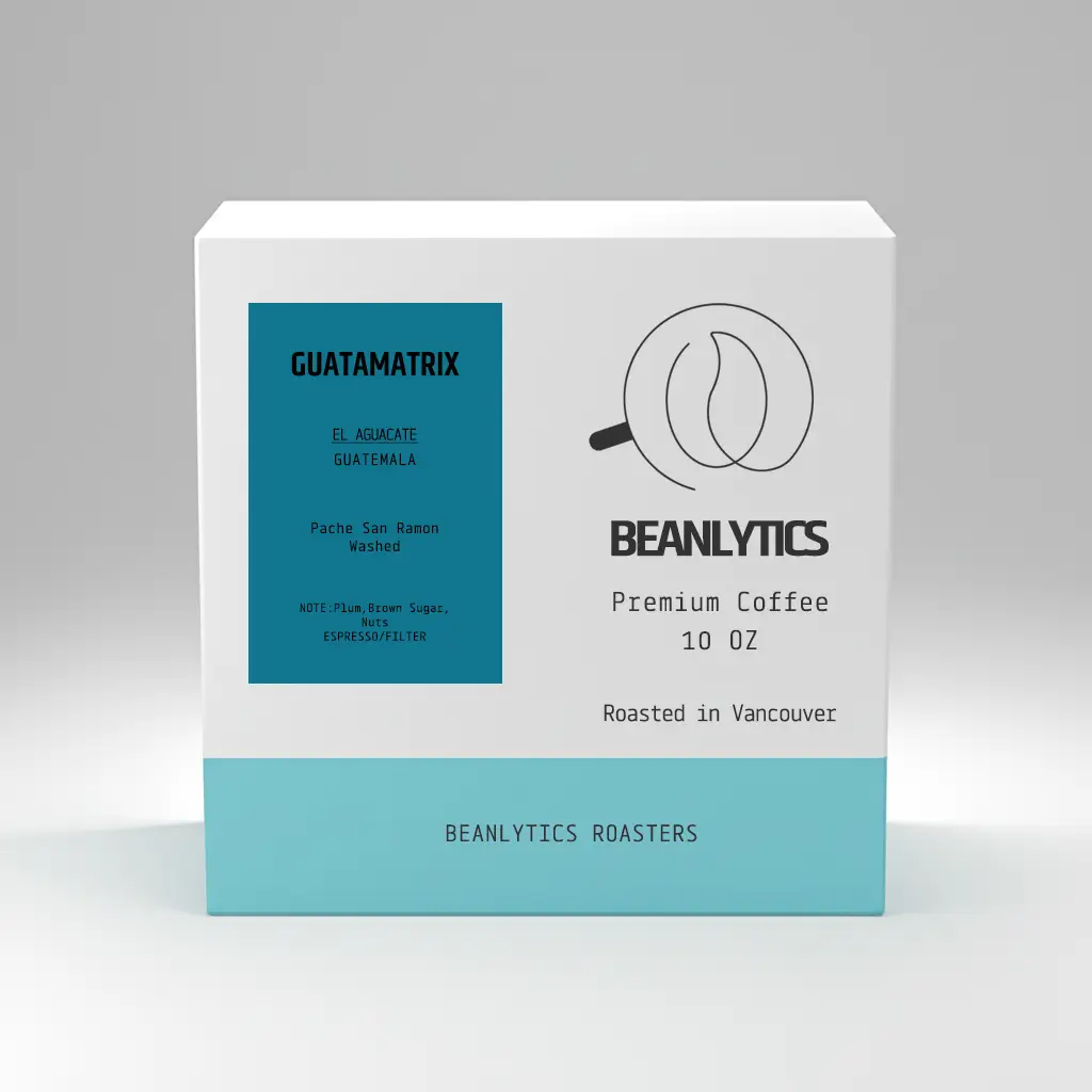 Beanalytics Coffee Roasters Guatamatrix coffee packaging – 10 oz specialty coffee from El Aguacate, Guatemala, featuring Pache San Ramon varietal, washed process, with tasting notes of sweet citrus and milk chocolate, roasted in Vancouver.