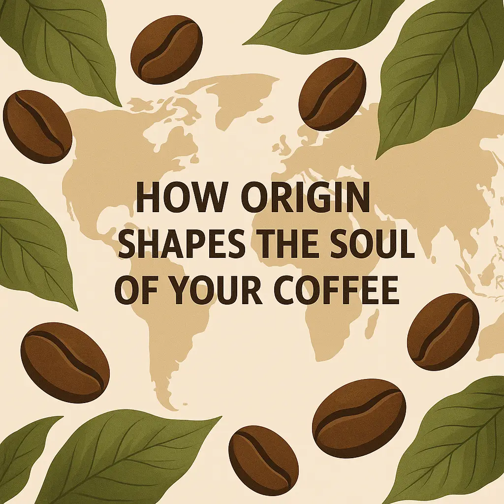 A flat lay digital illustration of coffee beans from various regions—Costa Rica, Guatemala, Rwanda, and Honduras—arranged on a light background with labeled origin tags. Beans vary in size, shape, and roast level, highlighting how geography influences coffee characteristics.