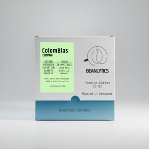 Front view of Beanlytics Roasters 10 oz coffee box labeled “ColomBias,” featuring Caldas Colombia Castillo washed coffee with notes of nutty chocolate and a hint of vanilla, roasted in Vancouver.