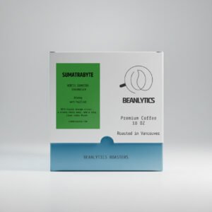 Front of the SumatraByte coffee bag, featuring the brand name "INDUNESTA BEAALYTICS," the origin "North Sumatra," and the description "Premium Coffee." It is a 10 oz bag roasted in Vancouver by Beanlytics Roasters.