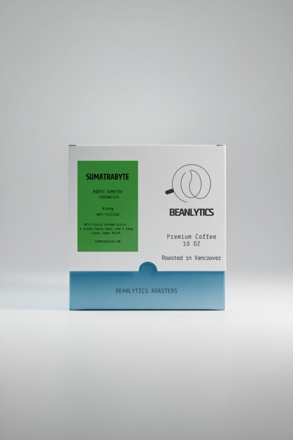 Front of the SumatraByte coffee bag, featuring the brand name "INDUNESTA BEAALYTICS," the origin "North Sumatra," and the description "Premium Coffee." It is a 10 oz bag roasted in Vancouver by Beanlytics Roasters.
