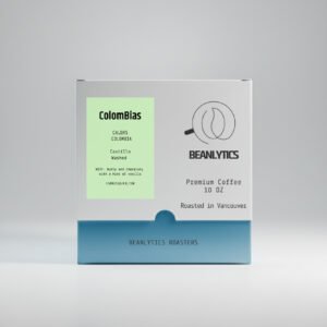 Front view of Beanlytics Roasters 10 oz coffee box labeled “ColomBias,” featuring Caldas Colombia Castillo washed coffee with notes of nutty chocolate and a hint of vanilla, roasted in Vancouver.
