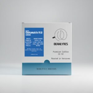 Front view of a Beanlytics coffee box featuring "Organic Guatematrix V1.0" from Huehuetenango, Guatemala, highlighting origin, producer, elevation, varietals, and process details, labeled as premium coffee roasted in Vancouver.