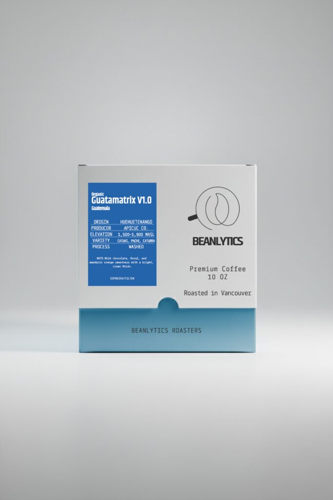 Front view of a Beanlytics coffee box featuring "Organic Guatematrix V1.0" from Huehuetenango, Guatemala, highlighting origin, producer, elevation, varietals, and process details, labeled as premium coffee roasted in Vancouver.