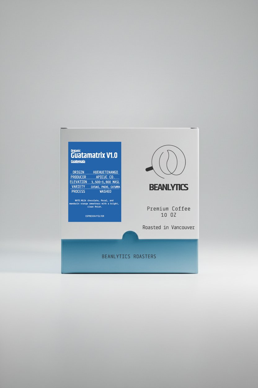 Front view of a Beanlytics coffee box featuring "Organic Guatematrix V1.0" from Huehuetenango, Guatemala, highlighting origin, producer, elevation, varietals, and process details, labeled as premium coffee roasted in Vancouver.