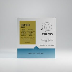 Front view of Beanlytics Coffee Roasters' Ecuatech Sidra 250g coffee bag packaging on white background. Features yellow label with "ECUATECH Sidra 2100 MASL" details, premium coffee branding, Vancouver roasted text, and blue base band.