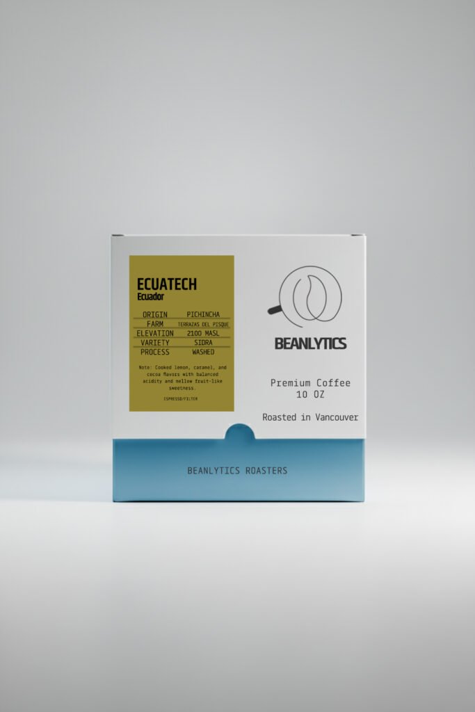 Front view of Beanlytics Coffee Roasters' Ecuatech Sidra 250g coffee bag packaging on white background. Features yellow label with "ECUATECH Sidra 2100 MASL" details, premium coffee branding, Vancouver roasted text, and blue base band.