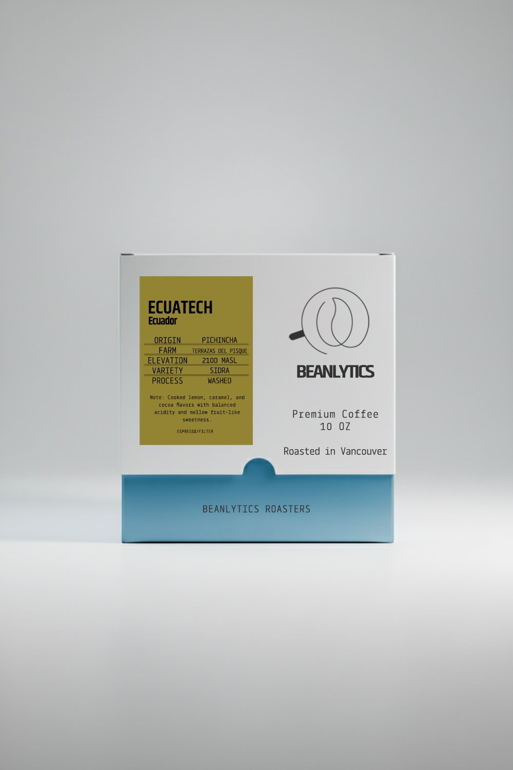 Front view of Beanlytics Coffee Roasters' Ecuatech Sidra 250g coffee bag packaging on white background. Features yellow label with "ECUATECH Sidra 2100 MASL" details, premium coffee branding, Vancouver roasted text, and blue base band.