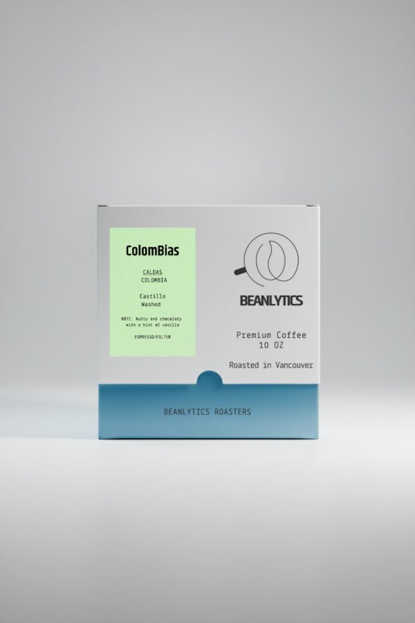 Front view of Beanlytics Roasters 10 oz coffee box labeled “ColomBias,” featuring Caldas Colombia Castillo washed coffee with notes of nutty chocolate and a hint of vanilla, roasted in Vancouver.