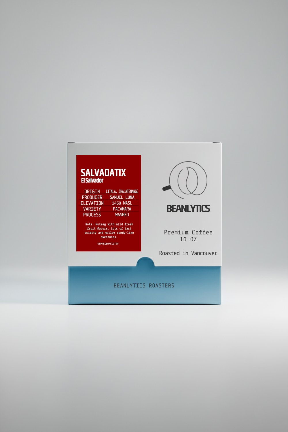 Front view of Beanlytics Coffee Roasters' SALVADATIX Pacamara 250g coffee bag on white background. Red label details "SALVADATIX Pacamara 1450 MASL" specs, premium branding, Vancouver roasted, with blue base.