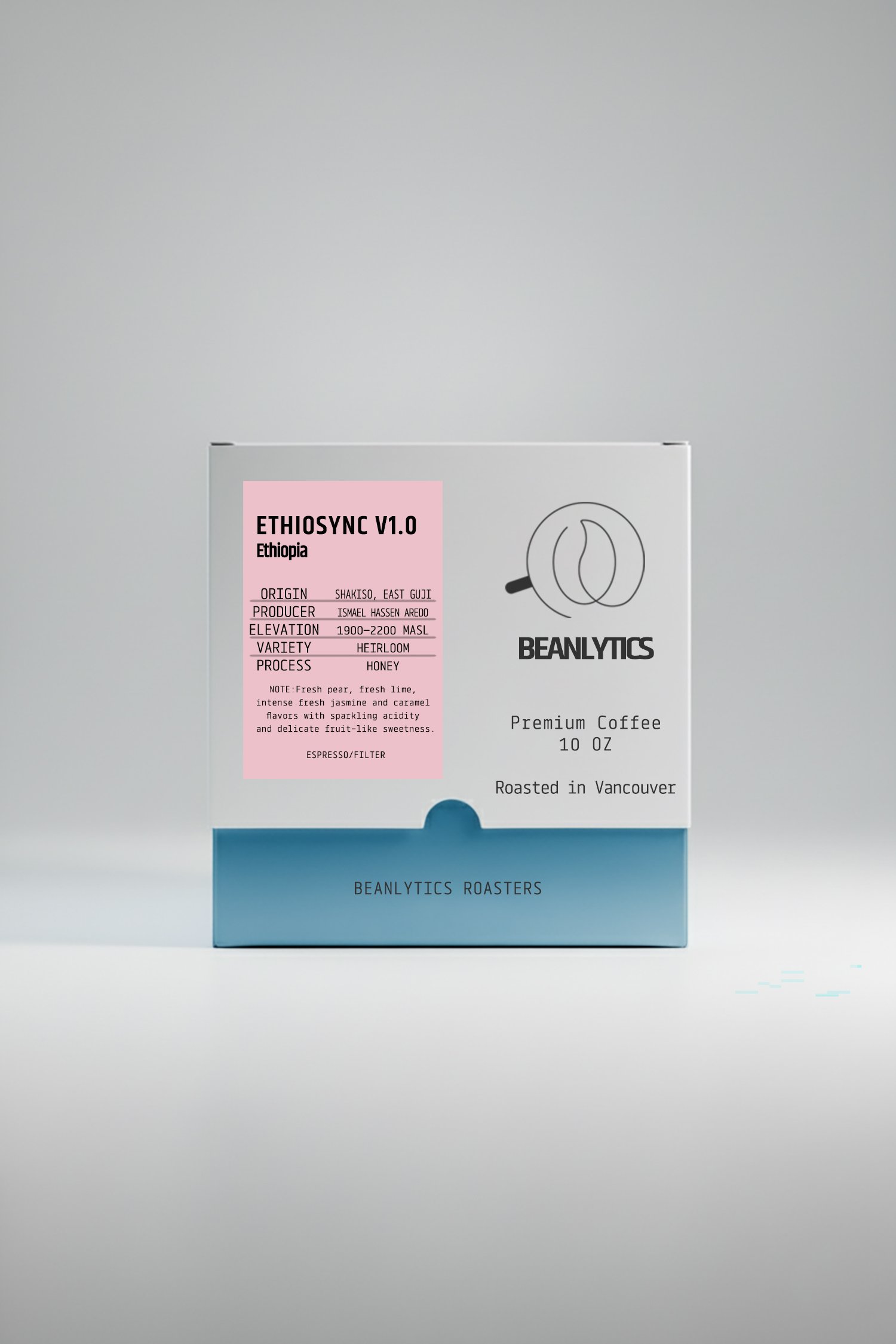 Front view of Beanlytics Coffee Roasters' ETHIOSYNC Heirloom 250g coffee bag on white background. Pink label shows "ETHIOSYNC Heirloom 1900-2200 MASL" details, premium branding, Vancouver roasted, blue base band.