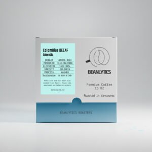 Front view of Beanlytics Coffee Roasters' ColomBias Decaf 10oz coffee bag on white background. Light green label details "ColomBias Decaf" from Acevedo Huila, premium branding, Vancouver roasted, blue base.
