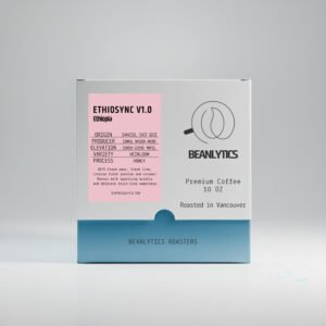 Front view of Beanlytics Coffee Roasters' ETHIOSYNC Heirloom 250g coffee bag on white background. Pink label shows "ETHIOSYNC Heirloom 1900-2200 MASL" details, premium branding, Vancouver roasted, blue base band.