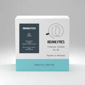 Beanalytics Roasters RWANALYTICA coffee packaging – 10 oz premium coffee from Fugi, Rwanda, made from Red Bourbon beans, washed process, with notes of sweet red fruit, black tea, and florals, roasted in Vancouver.