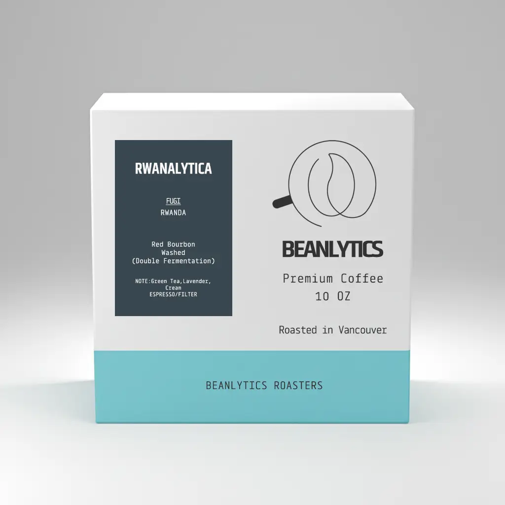Beanalytics Roasters RWANALYTICA coffee packaging – 10 oz premium coffee from Fugi, Rwanda, made from Red Bourbon beans, washed process, with notes of sweet red fruit, black tea, and florals, roasted in Vancouver.