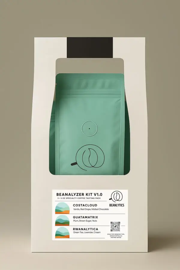 A product display of Beanalytics' "Beanalyzer Kit v1.0" featuring three teal coffee bags inside a clean, modern white box with a handle.